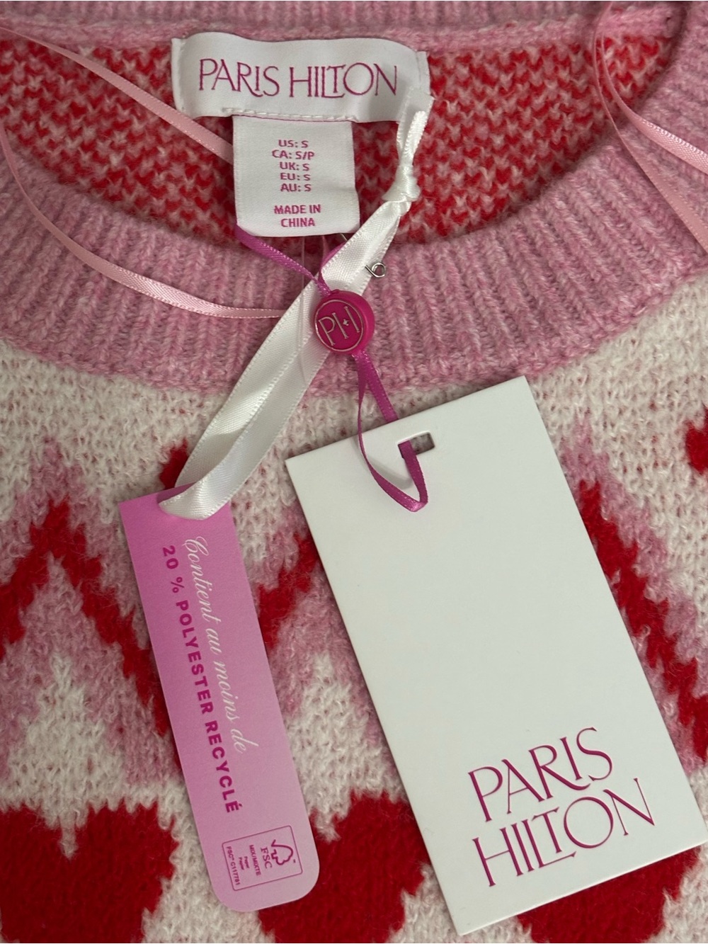 Paris Hilton Pink Heart Bows Long Sleeve Women's Sweater size Small New - Picture 4 of 7